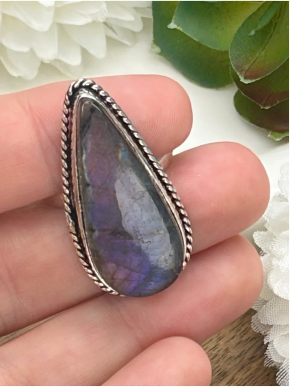 Purple Labradorite Ring Size 9 1/2 9.5 Vintage Style Sterling Silver 925 Overlay
